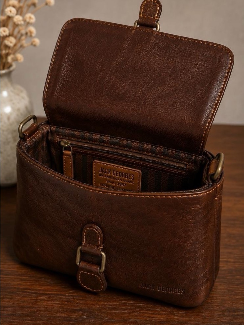 Jack Georges Brown Leather Shoulder Bag with Front Buckle Detail - Picture 5 of 8